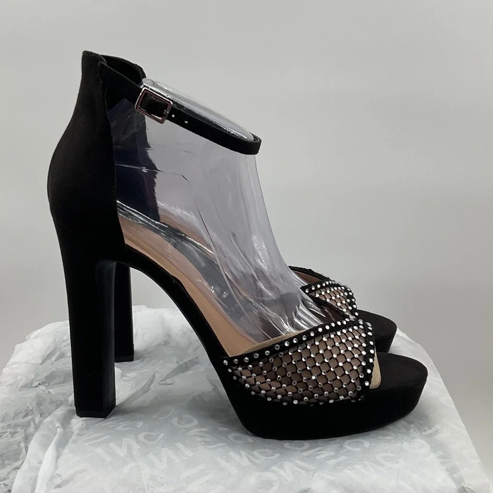 INC International Concepts Women Black Rhinestone Mesh Platform Block Heels